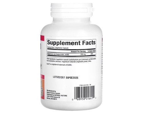 Natural Factors, Magnesium Bisglycinate, 200 mg, 120 Vegetarian Capsules Natural Factors, Magnesium Bisglycinate, 200 mg, 120 Vegetarian Capsules