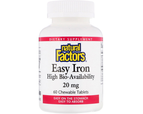 Natural Factors, Простое железо, 20 мг, 60 жевательных таблеток Natural Factors, Простое железо, 20 мг, 60 жевательных таблеток