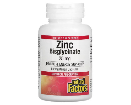 Natural Factors, Zinc Bisglycinate, 25 mg , 60 Vegetarian Capsules Natural Factors, Zinc Bisglycinate, 25 mg , 60 Vegetarian Capsules