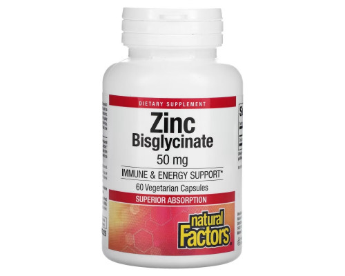 Natural Factors, Zinc Bisglycinate, 50 mg, 60 Vegetarian Capsules Natural Factors, Zinc Bisglycinate, 50 mg, 60 Vegetarian Capsules