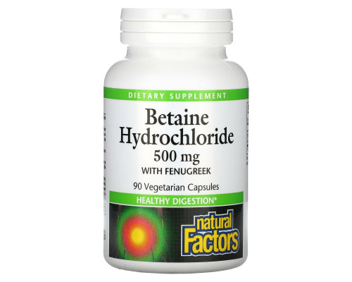 Natural Factors, Betaine Hydrochloride with Fenugreek, 500 mg, 90 Vegetarian Capsules Natural Factors, Betaine Hydrochloride with Fenugreek, 500 mg, 90 Vegetarian Capsules