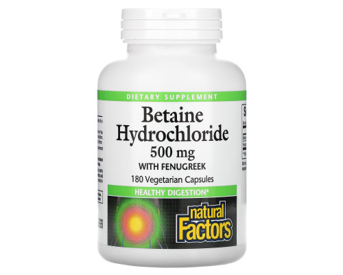 Natural Factors, Бетаин HCL, с пажитником, 500 мг, 180 растительных капсул Natural Factors, Бетаин HCL, с пажитником, 500 мг, 180 растительных капсул