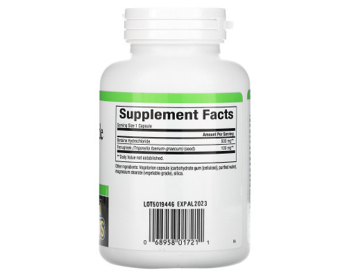 Natural Factors, Бетаин HCL, с пажитником, 500 мг, 180 растительных капсул Natural Factors, Бетаин HCL, с пажитником, 500 мг, 180 растительных капсул