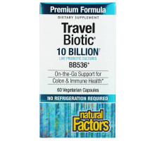 Natural Factors, "TravelBiotic", пробиотик с BB536, 10 миллиардов активных бактерий, 60 капсул в растительной оболочке