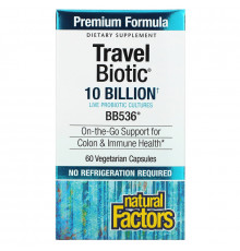 Natural Factors, "TravelBiotic", пробиотик с BB536, 10 миллиардов активных бактерий, 60 капсул в растительной оболочке