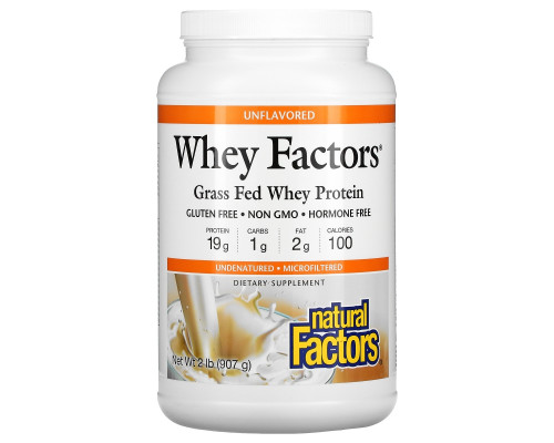 Natural Factors, Whey Factors, сывороточный протеин, полученный от вскормленных травой коров, без вкусовых добавок, 907 г Natural Factors, Whey Factors, сывороточный протеин, полученный от вскормленных травой коров, без вкусовых добавок, 907 г