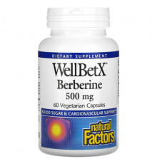 Фрукты и ягоды Natural Factors, WellBetX, берберин, 500 мг, 60 вегетарианских капсул