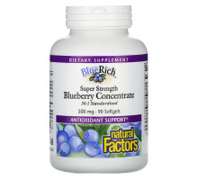 Natural Factors, BlueRich, суперсила, концентрат черники, 500 мг, 90 желатиновых капсул