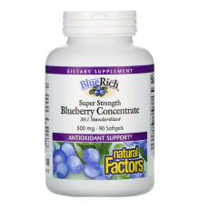 Natural Factors, BlueRich, суперсила, концентрат черники, 500 мг, 90 желатиновых капсул