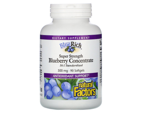 Natural Factors, BlueRich, суперсила, концентрат черники, 500 мг, 90 желатиновых капсул Natural Factors, BlueRich, суперсила, концентрат черники, 500 мг, 90 желатиновых капсул