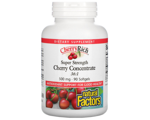 Natural Factors, CherryRich, сверхмощный экстракт плодов вишни, 500 мг, 90 мягких капсул Natural Factors, CherryRich, сверхмощный экстракт плодов вишни, 500 мг, 90 мягких капсул
