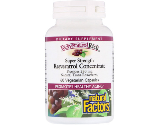 Natural Factors, ResveratrolRich, сверхсильный концентрат ресвератрола, 60 капсул на растительной основе Natural Factors, ResveratrolRich, сверхсильный концентрат ресвератрола, 60 капсул на растительной основе
