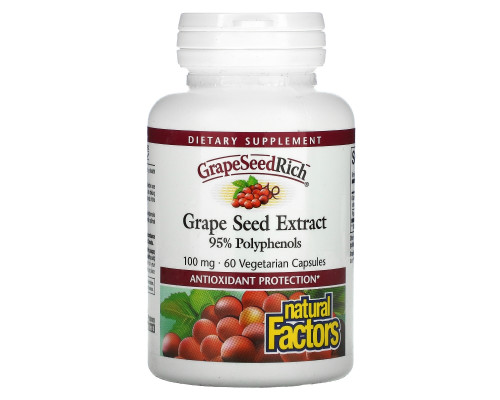 Natural Factors, Экстракт виноградной косточки, 95% полифенолов, 100 мг, 60 растительных капсул Natural Factors, Экстракт виноградной косточки, 95% полифенолов, 100 мг, 60 растительных капсул