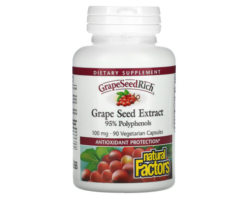 Natural Factors, Экстракт виноградных косточек, 100 мг, 90 капсул Natural Factors, Экстракт виноградных косточек, 100 мг, 90 капсул