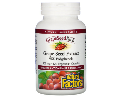 Natural Factors, GrapeSeedRich, экстракт семян винограда, 120 капсул на растительной основе Natural Factors, GrapeSeedRich, экстракт семян винограда, 120 капсул на растительной основе