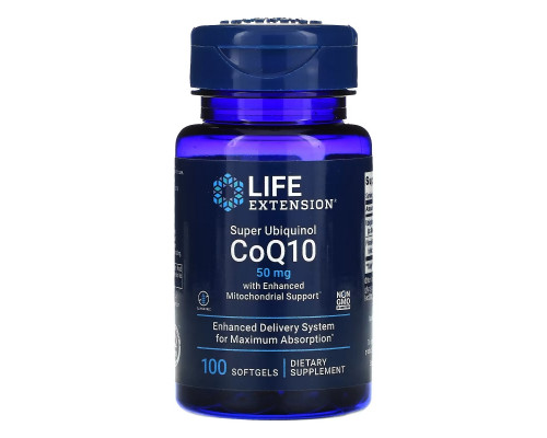 Life Extension, Супер убихинол CoQ10 с улучшенной поддержкой митохондрий, 50 мг, 100 мягких гелевых капсул Life Extension, Супер убихинол CoQ10 с улучшенной поддержкой митохондрий, 50 мг, 100 мягких гелевых капсул