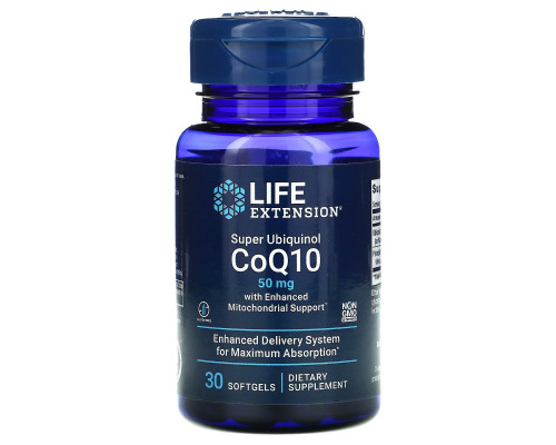 Life Extension, Super Ubiquinol CoQ10 with Enhanced Mitochondrial Support, 50 мг, 30 капсул Life Extension, Super Ubiquinol CoQ10 with Enhanced Mitochondrial Support, 50 мг, 30 капсул
