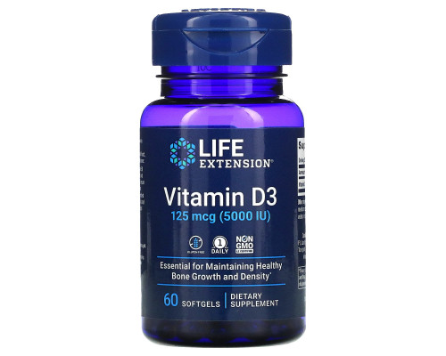 Life Extension, Витамин D3, 5000 МЕ, 60 гелевых капсул Life Extension, Витамин D3, 5000 МЕ, 60 гелевых капсул