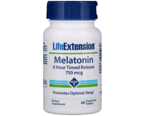 Life Extension Мелатонин 6-часовое высвобождение 750 мкг 60 растительных таблеток Life Extension Мелатонин 6-часовое высвобождение 750 мкг 60 растительных таблеток