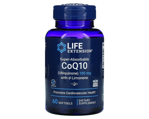 Life Extension, Супер-усваиваемый коэнзим Q10 кофермент с d-лимоненом, 100 мг, 60 капсул в мягкой оболочке Life Extension, Супер-усваиваемый коэнзим Q10 кофермент с d-лимоненом, 100 мг, 60 капсул в мягкой оболочке