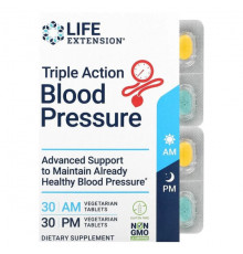 Растительные экстракты и настойки Life Extension, Triple Action для измерения артериального давления, утром / вечером, 2 упаковки, по 30 вегетарианских таблеток