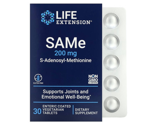 Life Extension, SAMe, 200 мг, 30 таблеток, покрытых желудочно-резистентной оболочкой Life Extension, SAMe, 200 мг, 30 таблеток, покрытых желудочно-резистентной оболочкой
