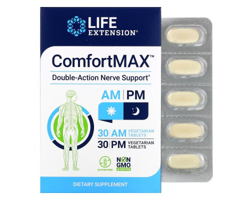 Life Extension, ComfortMax, Поддержка нервной системы двойного действия, Для утреннего и вечернего времени суток, 30 вегетарианских таблеток для каждого приема Life Extension, ComfortMax, Поддержка нервной системы двойного действия, Для утреннего и вечернего времени суток, 30 вегетарианских таблеток для каждого приема