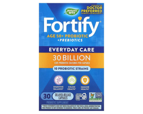 Nature's Way, Fortify, Age 50+ Probiotic + Prebiotics, Everyday Care, 30 Billion, 30 Delayed-Release Veg Capsules Nature's Way, Fortify, Age 50+ Probiotic + Prebiotics, Everyday Care, 30 Billion, 30 Delayed-Release Veg Capsules