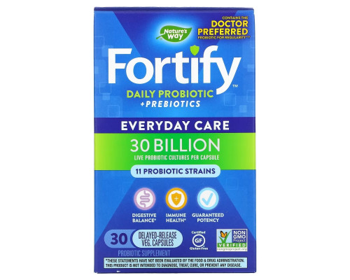 Nature's Way, Fortify, пробиотики и пребиотики для ежедневного применения, ежедневный уход, 30 млрд КОЕ, 30 растительных капсул с отсроченным высвобождением Nature's Way, Fortify, пробиотики и пребиотики для ежедневного применения, ежедневный уход, 30 млрд КОЕ, 30 растительных капсул с отсроченным высвобождением