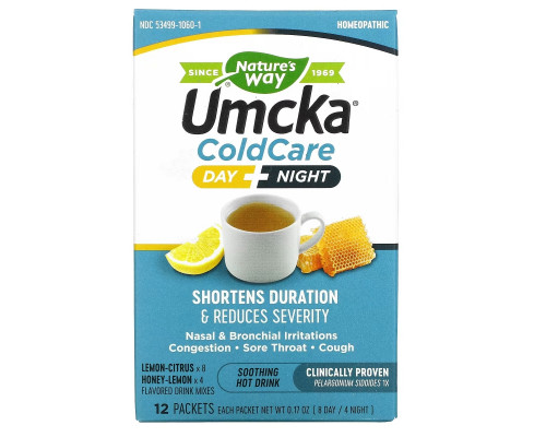 Nature's Way, Umcka, Cold Care, Day + Night, Soothing Hot Drink, Lemon-Citrus, Honey-Lemon, 12 Packets, 0.17 oz Each, (8 Day / 4 Night) Nature's Way, Umcka, Cold Care, Day + Night, Soothing Hot Drink, Lemon-Citrus, Honey-Lemon, 12 Packets, 0.17 oz Each, (8 Day / 4 Night)
