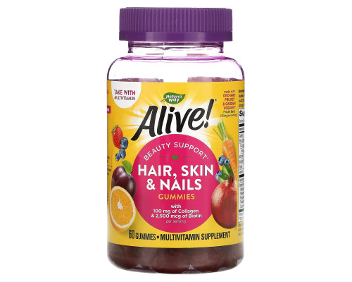 Nature's Way, Alive! Hair, Skin & Nails Gummies, Strawberry Flavored, 60 Gummies
