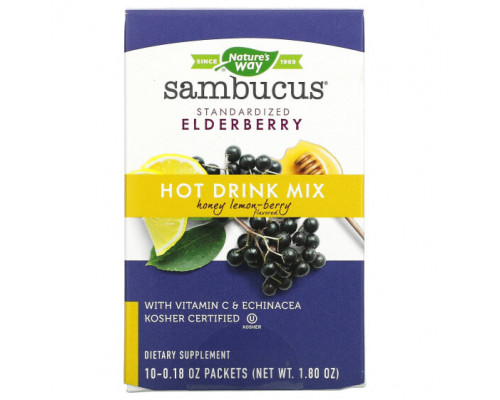 Фрукты и ягоды Nature's Way, Sambucus, смесь для приготовления горячих напитков, стандартизированная бузина, мед, лимон и ягоды, 10 пакетиков по 5,1 г (0,18 унции) Фрукты и ягоды Nature's Way, Sambucus, смесь для приготовления горячих напитков, стандартизированная бузина, мед, лимон и ягоды, 10 пакетиков по 5,1 г (0,18 унции)