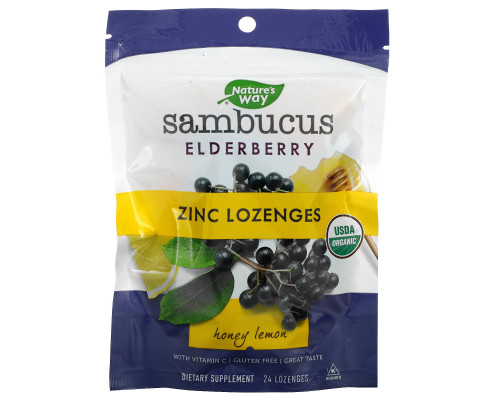 Nature's Way, Sambucus, Пастилки для рассасывания с цинком, Мед и лимон, 24 пастилок Nature's Way, Sambucus, Пастилки для рассасывания с цинком, Мед и лимон, 24 пастилок