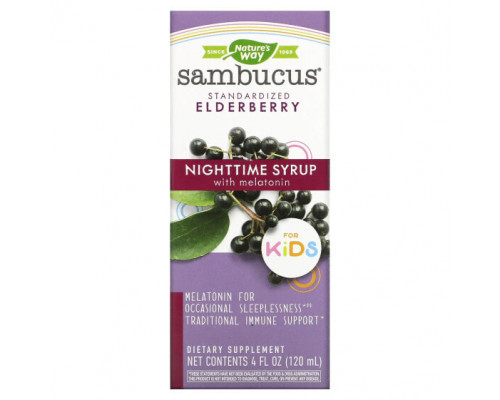 От гриппа и простуды Nature's Way, Sambucus for Kids, стандартизованный сироп для улучшения ночного сна из ягод бузины с мелатонином для детей, 120 мл (4 жидк. унции) От гриппа и простуды Nature's Way, Sambucus for Kids, стандартизованный сироп для улучшения ночного сна из ягод бузины с мелатонином для детей, 120 мл (4 жидк. унции)