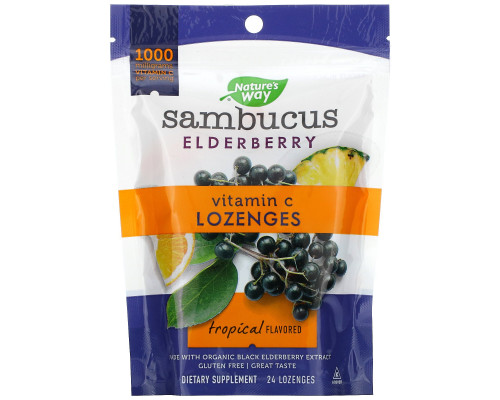 Nature's Way, Sambucus Elderberry, Vitamin C Lozenges, Tropical Flavored, 24 Lozenges Nature's Way, Sambucus Elderberry, Vitamin C Lozenges, Tropical Flavored, 24 Lozenges