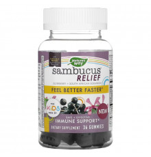 Nature's Way, Sambucus Relief, поддержка иммунитета, для детей от 2 лет, бузина и южноафриканская герань, 36 жевательных таблеток
