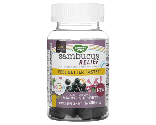 Nature's Way, Sambucus Relief, поддержка иммунитета, для детей от 2 лет, бузина и южноафриканская герань, 36 жевательных таблеток Nature's Way, Sambucus Relief, поддержка иммунитета, для детей от 2 лет, бузина и южноафриканская герань, 36 жевательных таблеток