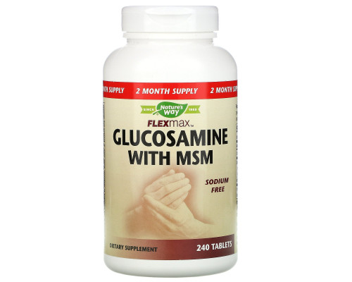 Nature's Way, FlexMax для суставов с сульфатом глюкозамина и МСМ без натрия, 240 таблеток Nature's Way, FlexMax для суставов с сульфатом глюкозамина и МСМ без натрия, 240 таблеток