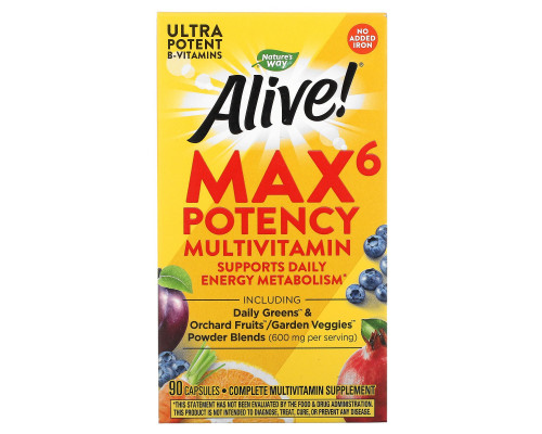Nature's Way, Живой! Max6 Daily, мультивитаминный комплекс, без добавления железа, 90 вегакапсул Nature's Way, Живой! Max6 Daily, мультивитаминный комплекс, без добавления железа, 90 вегакапсул