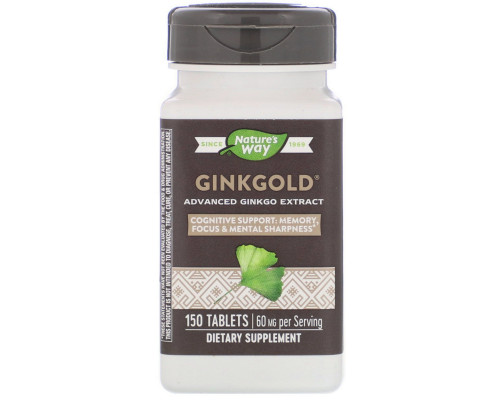 Nature's Way, Медицинский экстракт гинкго Ginkgold, 60 мг, 150 таблеток Nature's Way, Медицинский экстракт гинкго Ginkgold, 60 мг, 150 таблеток