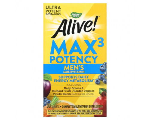 Мужское здоровье Nature's Way, Alive! Max3 Potency, мультивитамины для мужчин, 90 таблеток Мужское здоровье Nature's Way, Alive! Max3 Potency, мультивитамины для мужчин, 90 таблеток