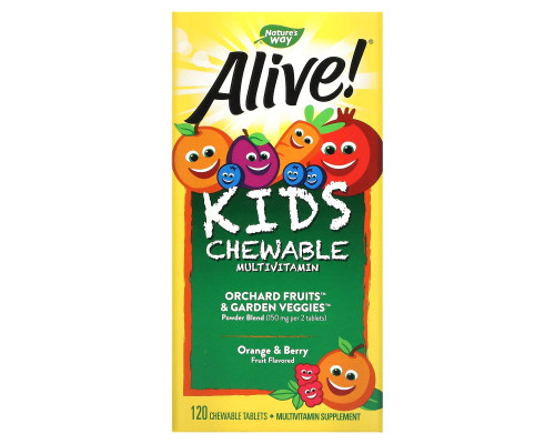 Nature's Way, Alive! Детский жевательный мультивитамин, вкус апельсина и ягод, 120 жевательных таблеток Nature's Way, Alive! Детский жевательный мультивитамин, вкус апельсина и ягод, 120 жевательных таблеток