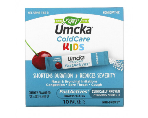 Детское здоровье Umcka, Kids ColdCare, FastActives, For Ages 6 and UP, Cherry, 10 Powder Packets, 0.024 oz (0.7 g) Each Детское здоровье Umcka, Kids ColdCare, FastActives, For Ages 6 and UP, Cherry, 10 Powder Packets, 0.024 oz (0.7 g) Each
