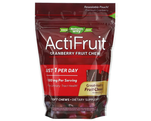 Enzymatic Therapy ActiFruit, Пищевая добавка на основе клюквы в жевательных капсулах, для Здоровья Мочевыводящих Путей, 20 жевательных конфет Enzymatic Therapy ActiFruit, Пищевая добавка на основе клюквы в жевательных капсулах, для Здоровья Мочевыводящих Путей, 20 жевательных конфет