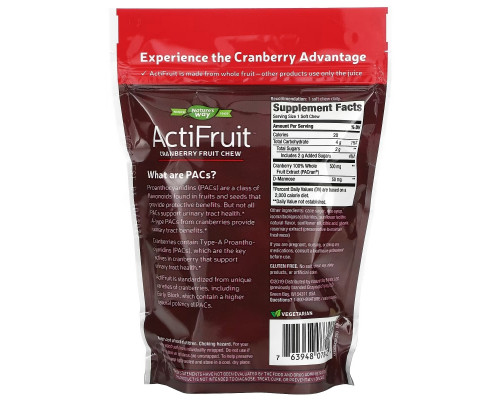 Enzymatic Therapy ActiFruit, Пищевая добавка на основе клюквы в жевательных капсулах, для Здоровья Мочевыводящих Путей, 20 жевательных конфет Enzymatic Therapy ActiFruit, Пищевая добавка на основе клюквы в жевательных капсулах, для Здоровья Мочевыводящих Путей, 20 жевательных конфет