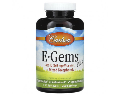 Витамин Е Carlson, E-Gems Plus, 268 мг (400 МЕ), 250 мягких таблеток Витамин Е Carlson, E-Gems Plus, 268 мг (400 МЕ), 250 мягких таблеток