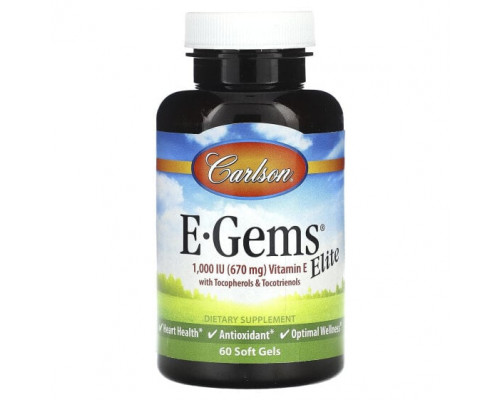 Витамин Е Carlson, E-Gems Elite, витамин E с токоферолами и токотриенолами, 670 мг (1000 МЕ), 60 мягких таблеток Витамин Е Carlson, E-Gems Elite, витамин E с токоферолами и токотриенолами, 670 мг (1000 МЕ), 60 мягких таблеток