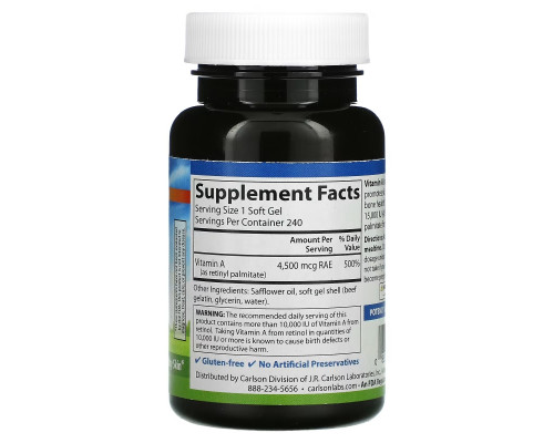 Carlson, Vitamin A, 4,500 mcg RAE (15,000 IU), 240 Soft Gels Carlson, Vitamin A, 4,500 mcg RAE (15,000 IU), 240 Soft Gels