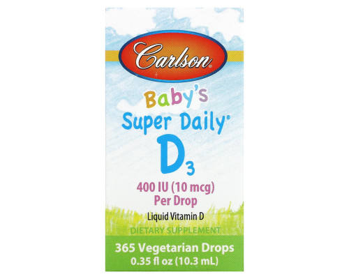 Carlson Labs, Витамин D3 для детей Super Daily , 400 МЕ, 0,35 жидкой унции (10,3 мл) Carlson Labs, Витамин D3 для детей Super Daily , 400 МЕ, 0,35 жидкой унции (10,3 мл)