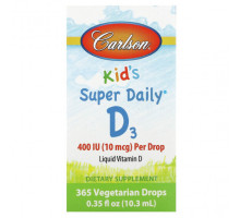 Витамин D Carlson, Kids Super Daily D3, 10 мкг (400 МЕ), 365 вегетарианских капель, 10,3 мл (0,35 жидк. Унции)